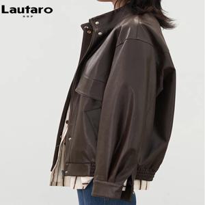 Lautaro-여성용 오버사이즈 PU 가죽 재킷, 드롭 숄더, 긴팔, 집업, 다크 브라운, 블랙, 쿨, 남여공용 의류, 봄