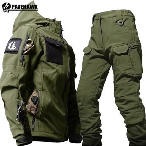 Mens Thicken Tactical Set 방풍 방수 야외 정장 소프트 쉘 멀티 포켓 후드 자켓 + 양털 작업 바지 2 피스