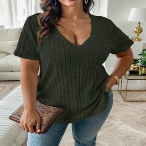 여성 V넥 스트라이프 상의 티셔츠, 유럽 및 미국 크로스 보더 플러스 사이즈