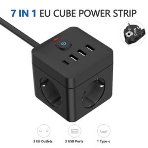 7-in-1 EU 전원 스트립, 전원 스트립 서지 보호기, AC 콘센트 3개 USB 1 Type-C 3개, 과부하 보호 기능이 있는 데스크탑 충전 스테이션