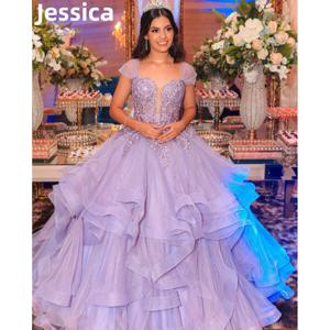 제시카 레이스 자수 요정 댄스 파티 드레스 반짝이 푹신한 프릴 보라색 이브닝 드레스 공주 파티 드레스 웨딩 드레스