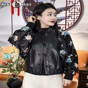 용수철 빈티지 여성 꽃 자수 배트윙 슬리브 스탠드 칼라, 싱글 브레스티드 접합 양가죽 재킷, 정품 가죽 재킷, 신제품