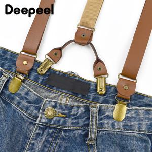 Deepeel 남성용 레트로 서스펜더, 남녀공용 가죽 Y자형 멜빵, PU 미끄럼 방지 캐주얼 브레이스 슬링 클립, 3*110cm, 4 클립, 1PC