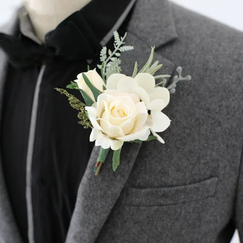 Boutonnieres 꽃 인공 흰색 장미 실크 아이보리 코사지 Buttonhole 신랑 들러리 Boutonniere 남성용 결혼식 액세서리