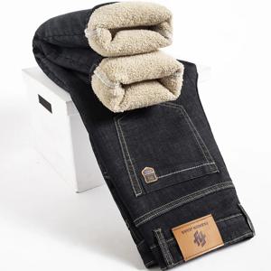겨울 양고기 Fluff 데님 스트레이트 바지 남성 Thicken Big Size 40 청바지 하이 웨이스트 스트레치 Jeansy Fleece Lined Warm Slim Vaqueros