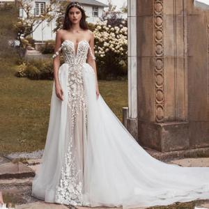 섹시한 V넥 풀 레이스 아플리케 인어 웨딩 드레스, 분리형 기차, 맞춤형 제작, 2 in 1