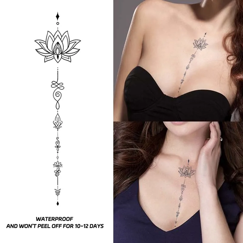 연꽃 방수 현실적인 임시 문신 스티커, 1-2주 지속, 가슴용, 반영구적 가짜 문신