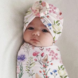 Ylsteed 장미 꽃 프린트 신생아 사진 랩, 터번 모자 포함, 유아 사진 촬영 의상, 아기 배넷저고리 담요 받기