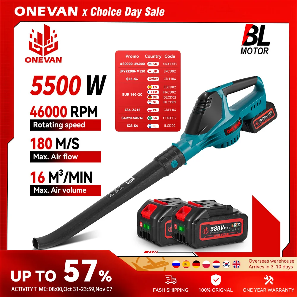 ONEVAN 5500W 무선 브러시리스 전기 에어 블로워, 마키타 18V 배터리 핀용 고출력 송풍기 (잎, 먼지, 눈 제거)