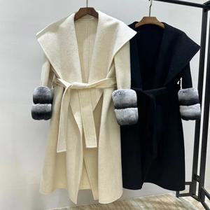 레이디 2024 겨울 패션 울 코트, 렉스 토끼 모피 칼라, 오버사이즈 트렌치 코트, 친칠라 컬러 모피 커프스 울 코트