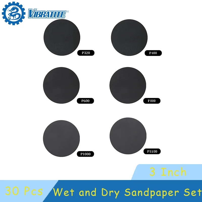 3인치 습식 및 건식 사포 30개 모듬 320/400/600/800/1000/1500 그릿 후크 및 루프 금속 자동차 연마 및 샌딩용