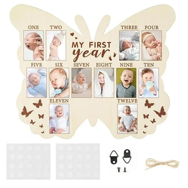 나무 아기의 첫해 사진 프레임 내 첫해 나비 사진 프레임 12개월 마일스톤 보드 아기 기념품 프레임