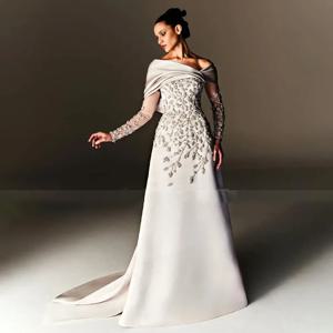 맞춤형 이브닝 드레스 비즈 아플리케 오프 숄더 라이트 샴페인 이브닝 가운, 긴팔 A 라인 여성용 포멀