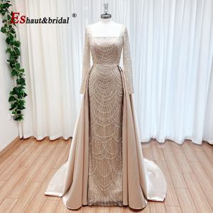 분리형 스커트가있는 여성을위한 우아한 진주 이브닝 드레스 럭셔리 아라비아 긴 소매 공식 댄스 파티 웨딩 파티 가운 맞춤형