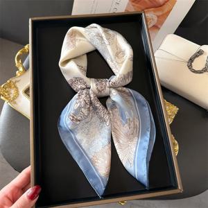 2024 럭셔리 꽃 프린트 사각 실크 스카프, 여성용 디자이너 스카프, 반다나 풀라 숄, 히잡 에샤르페 헤어밴드, 타이 리본, 70cm