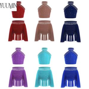 여아용 서정적 현대 무용 의상, 반짝이는 라인스톤 민소매 조끼, 스커트 포함, 피겨 스케이팅 공연 의상