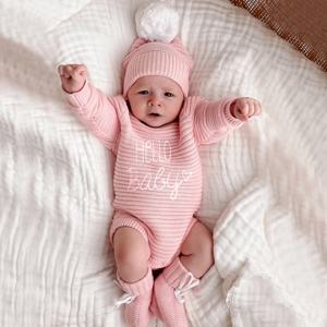 Ylsteed 헬로 베이비 신생아 사진 롬퍼 및 폼 모자 세트, 니트 신생아 소녀 의상, 사진 촬영용 유아 사진 소품
