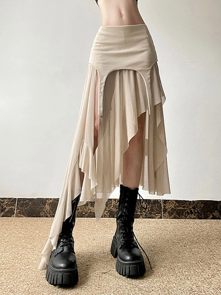 Zoki 여성용 섹시 불규칙한 Y2K 스커트, 빈티지 아메리칸 하이 웨이스트 슬림 슬릿 롱 스커트, 캐주얼 레이디 스트리트웨어, 레트로 여름 스커트