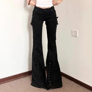 하라주쿠 Y2K 하이 스트리트 고딕 리벳 디자인 플레어 청바지 여성 빈티지 로우 라이즈 데님 바지 2000년대 고스 바지 Pantalones