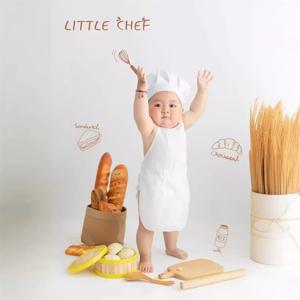 0-6M 신생아 사진 촬영 의상 귀여운 유아 비비 작은 요리사 앞치마 + 모자 2 개 세트 아기 소년 소녀를위한 사진 소품