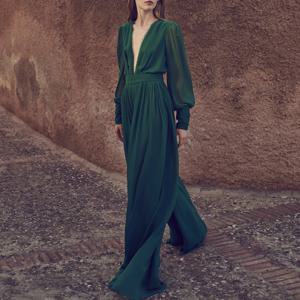 휴가 v 넥 하카마 새로운 드레이프 점프 슈트 여성 기질 고급 와이드 레그 점프 슈트 하이 웨이스트 얇은 롱 섹션 드레스