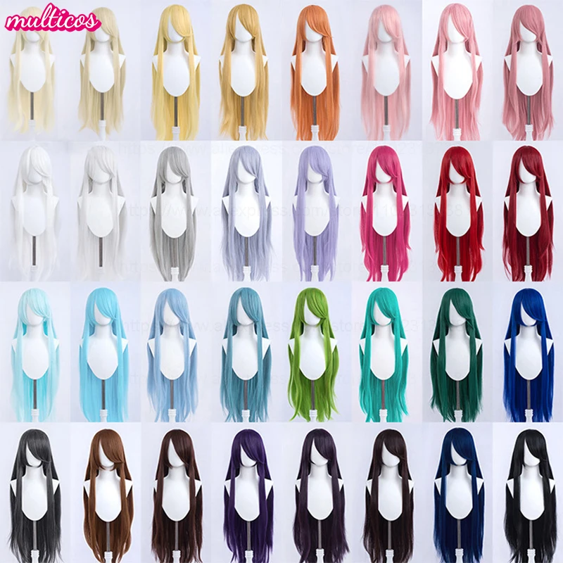 고품질 애니메이션 100Cm 긴 Staight 코스프레 가발 블랙 화이트 레드 핑크 브라운 골드 블루 금발 보라색 내열성 머리 가발