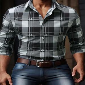 2025 남성용 패셔너블 캐주얼 긴팔 셔츠, 투명한 체크무늬 스트라이프 탑, 라펠이 있는 캐주얼 긴팔 셔츠