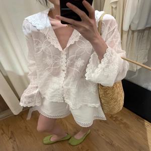 한국 스타일 헤비웨이트 레이스 자수 후드형 자외선 차단 셔츠 여성 여름 얇고 헐렁한 통기성 에어컨 탑