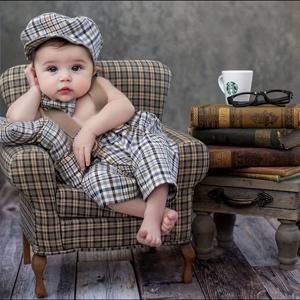 4pcs 사랑스러운 아기 사진 복장 모자 & 활 정장과 폴리 에스터 체크 무늬 점프 슈트 신생아 사진 촬영 액세서리