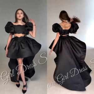 결혼식을위한 맞춤형 검은 꽃의 소녀 드레스 꼬리 푹신한 공주 아이 생일 첫 성찬식 공 가운과 새틴 2pc 세트