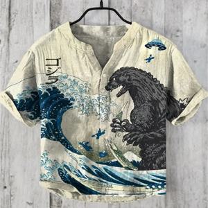 일본 패션 남성용 스몰 V 넥 헨리 셔츠 남성용 레트로 일본 고질라 V 넥 캐주얼 리넨 셔츠