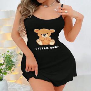 여름 멜빵 미니 드레스 여성 잠옷 편안한 홈 레저 섹시한 잠옷 Littler Bear Printed Nightdress