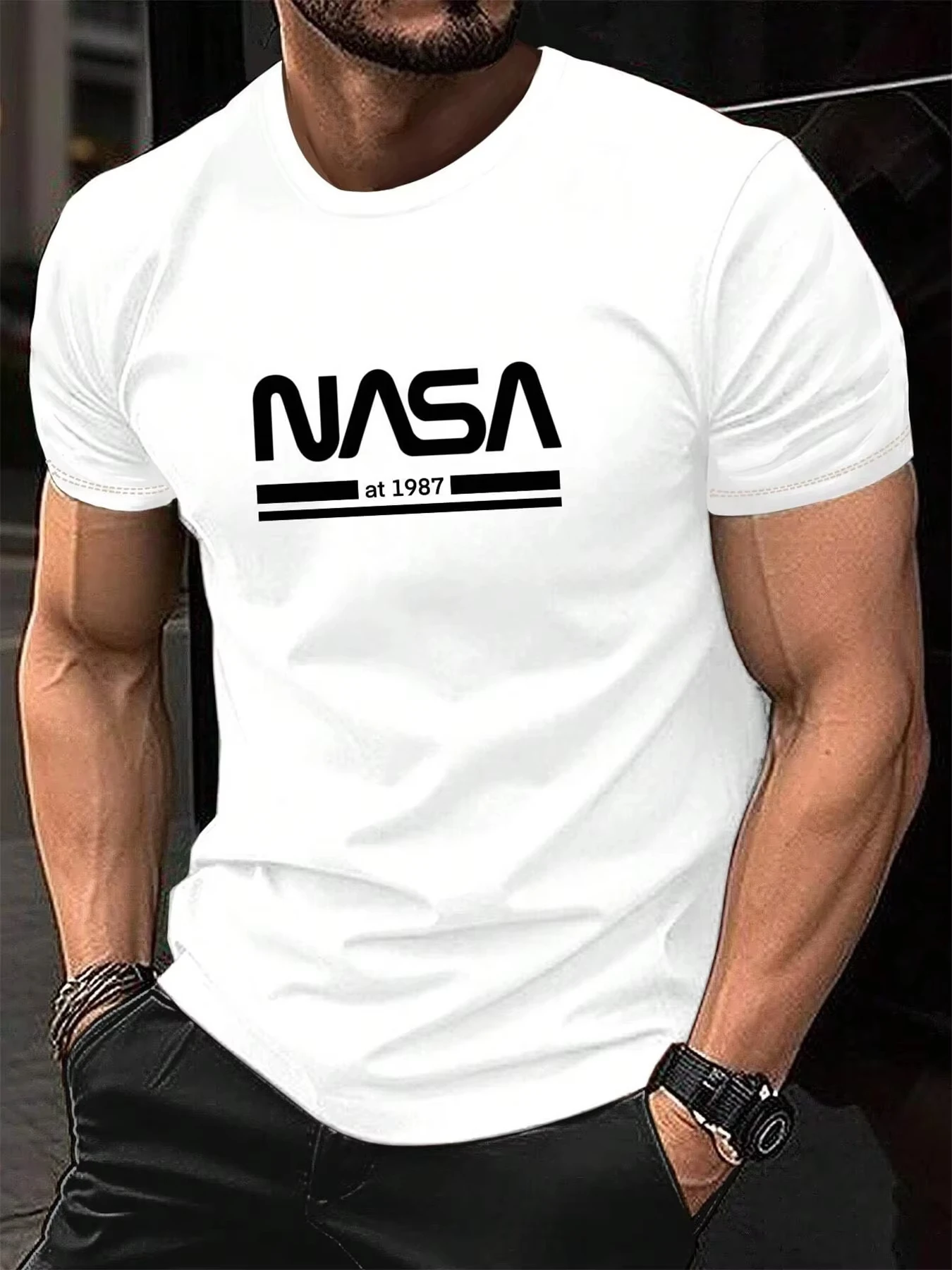 남성 반팔 티셔츠 NASA 프린트 1987 디자인 캐주얼 편안한 코튼 여름 티셔츠 Athletic streetwear Retro Trend 통기성