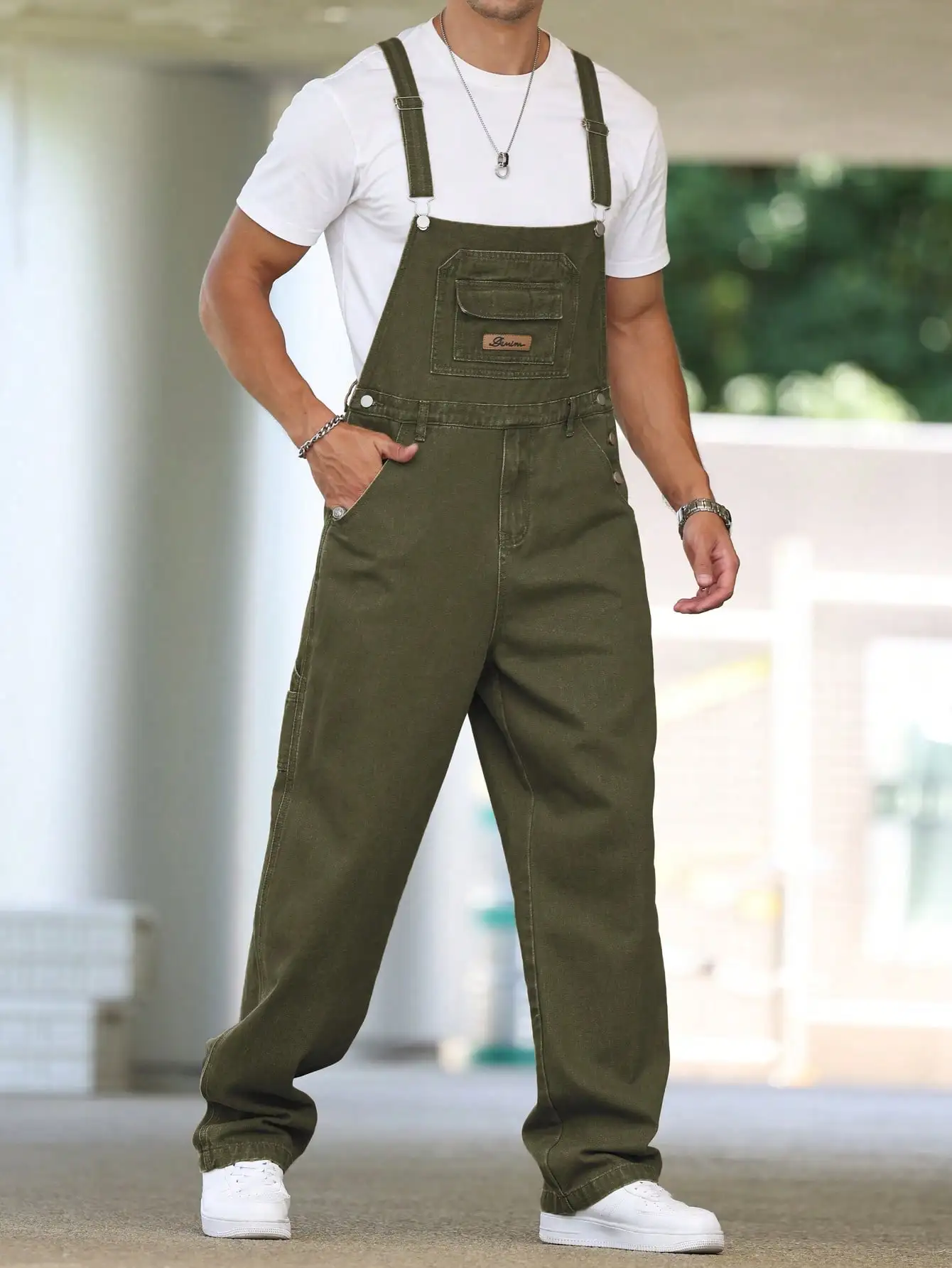 남성용 포시즌 그린 데님 오버올, 루즈 스트레이트 레그, 캐주얼 스타일, 아메리칸 레트로 트렌드
