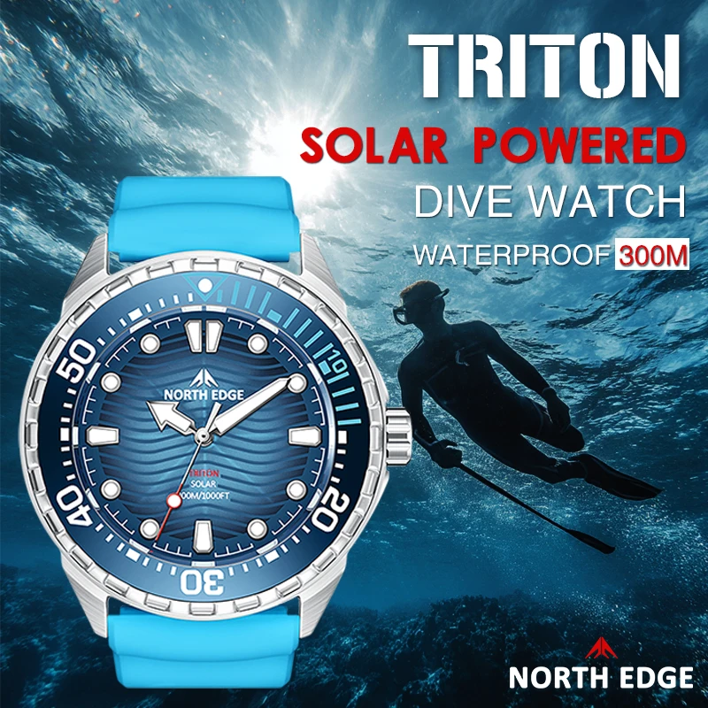 NORTH EDGE TRITON 남자를위한 새로운 태양열 구동 다이빙 시계 럭셔리 쿼츠 손목 시계 316L 스테인레스 스틸 케이스 300M 방수