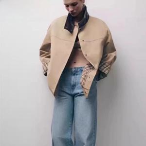 봄 신상 루즈핏 스탠드 칼라 컬러 블록 체크 자켓 여성 패션 아우터웨어 다용도 아우터웨어 2025