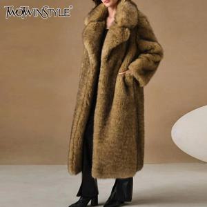 TWOTWINSTYLE 럭셔리 패치 워크 모조 모피 중간 길이 코트 여성용 옷깃 긴 소매 스플 라이스 포켓 느슨한 겨울 코트 여성