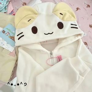 카와이 로리타 스타일 여성 양털 후드 Cutecore Oversize 일본 소프트 소녀 지퍼 스웨트 캐주얼 만화 카디건 자켓
