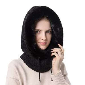 여성용 겨울 모자 후드 마스크 플러피 보온 두꺼운 스타일 넥 스카프 후드 캡 비니 니트 캐시미어 넥 워머