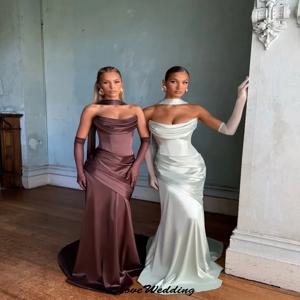 우아한 스트랩리스 여성 이브닝 드레스 2025 새틴 머메이드 플리츠 여성 파티 드레스 스윕 트레인 리본 정장 가운 맞춤 제작