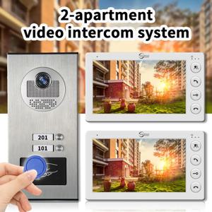 RFID 카드 잠금 해제 기능이 있는 2가족 아파트 인터콤 비디오 초인종 7인치 4유선 비디오 도어폰 시스템