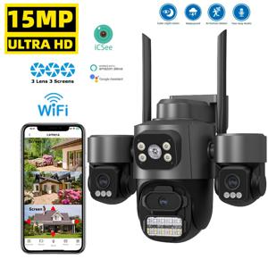 15MP HD 3화면 WIFI IP 카메라 야외 4K 듀얼 렌즈 카메라 AI 인체 감지 방수 CCTV 비디오 보안 카메라 iCsee