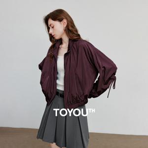 토이유스 여성 코트 2025 가을 신상 올드머니 스타일 자외선 차단 스탠드 칼라 재킷 와인 레드