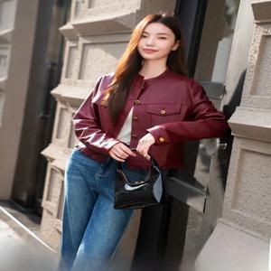 SALT.P 세련된 레트로 와인 레드 짧은 가죽 자켓 간단한 스탠드 칼라 여성 겉옷 통근 스타일 긴 소매 중국 브랜드