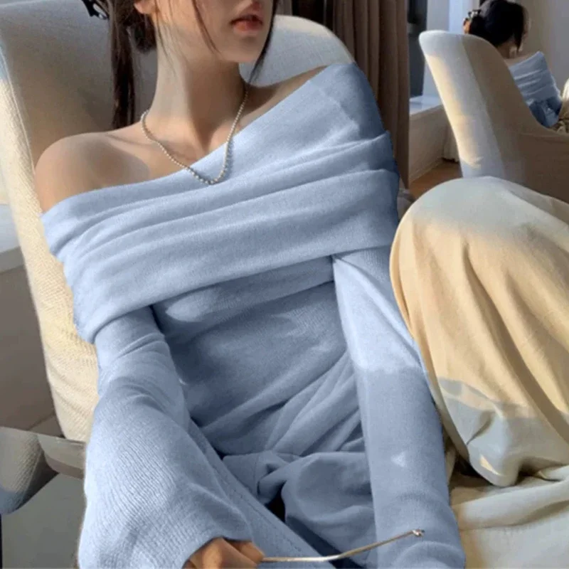 가을 겨울 오프숄더 니트 셔츠 여성 풀오버 스웨터 여성 긴팔 탄성 스키니 슬림 니트 셔츠 탑