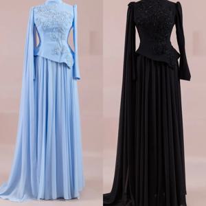 맞춤형 레트로 쉬폰 꽃 구슬 장식 스팽글 주름 드레이프 진주 a 라인 높은 칼라 긴 드레스 맞춤형 행사 드레스