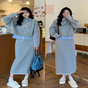 플러스 사이즈 여성용 긴팔 폴로넥 스트라이프 패치워크 페이크 투피스 스웨트셔츠 하이웨이스트 바디콘 미니스커트 세트