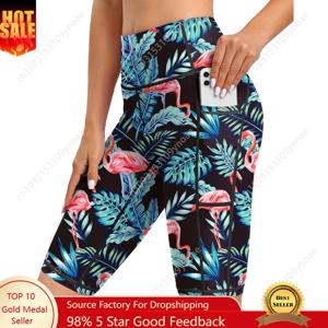 트로피컬 팜 리프 요가 반바지 스포츠 여성 팬티 타이트 힙 팬츠 하이웨이스트 스캔티 포켓 수영복 트렁크 비치 캐주얼