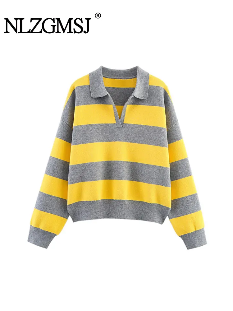 Nlzgmsj 2025 가을 하이 스트리트 시크 여성 스트라이프 니트 스웨터 여성 풀 슬리브 빈티지 스타일 탑