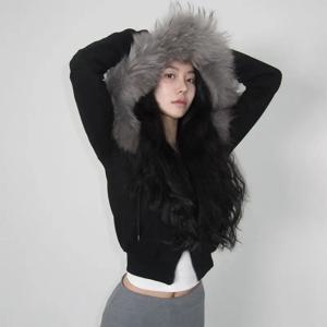 Y2K 레터 자수 퍼리 패치워크 후디 여성용 신상 캐주얼 심플 서브컬쳐 긴팔 상의 나비 매듭 디테일 기타 소재 00%